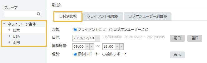 「勤怠 日付別比較」画面