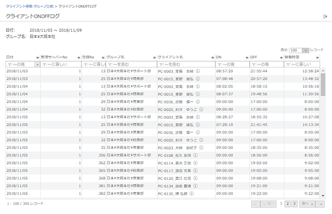「クライアントONOFFログ」画面