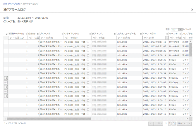「操作アラームログ」画面
